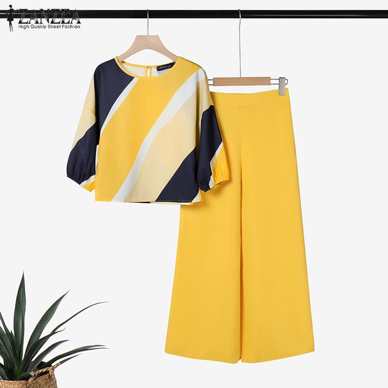 ZANZEA Women Print Blouse and Pants Casual Two Piece Suit Sets