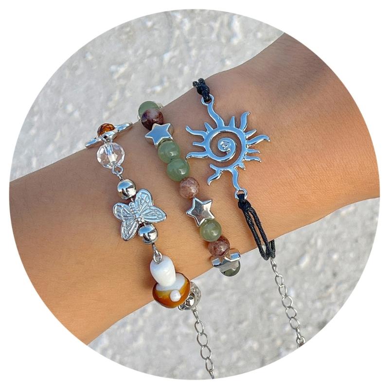 3 Pack Adjustable Sun Bracelet Butterfly Beaded Bracelet Set Fashion Crystal Jewelry Rope Bracelet Gift for Woman Girl