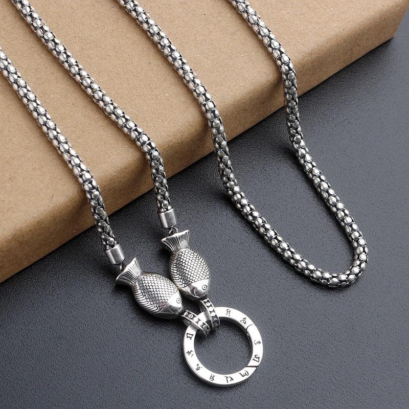 Srebro próby 925 Łańcuszek o splocie Burst Grain Podwójna Ryba Wszechstronne Zapięcie Naszyjnik Vintage Odpinany Łańcuszek do Swetra