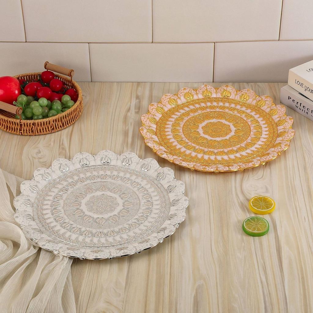 Gold Round Tray European Design Round Serving Tray Ornate Fruit Plate High-Luster Finish Table Decor Antique Look for Party