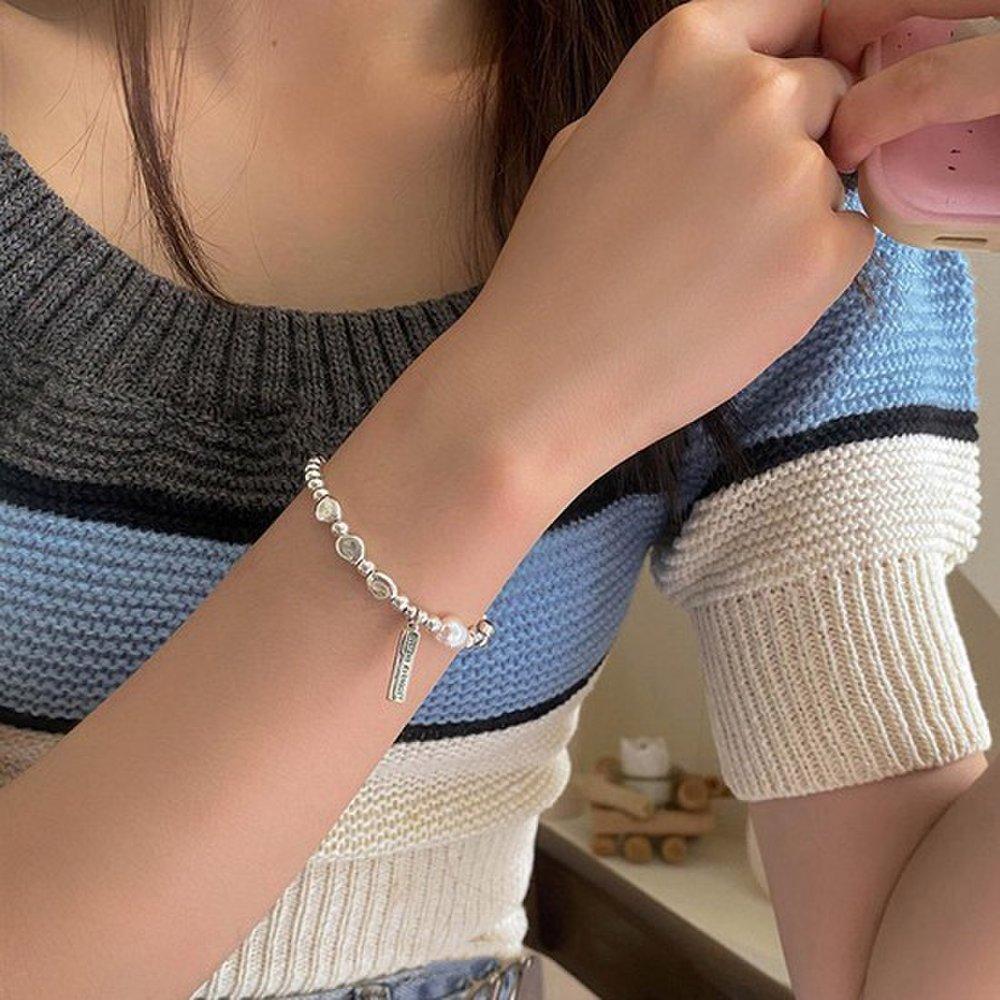 Elise 925 Silver Point Pearl Charm Silver Ball Pendant Bracelet F30