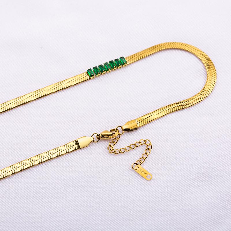 Popular Temperament Sweater Chain Boy Girl Stainless Steel Gold Green Zircon Necklaces for Daily