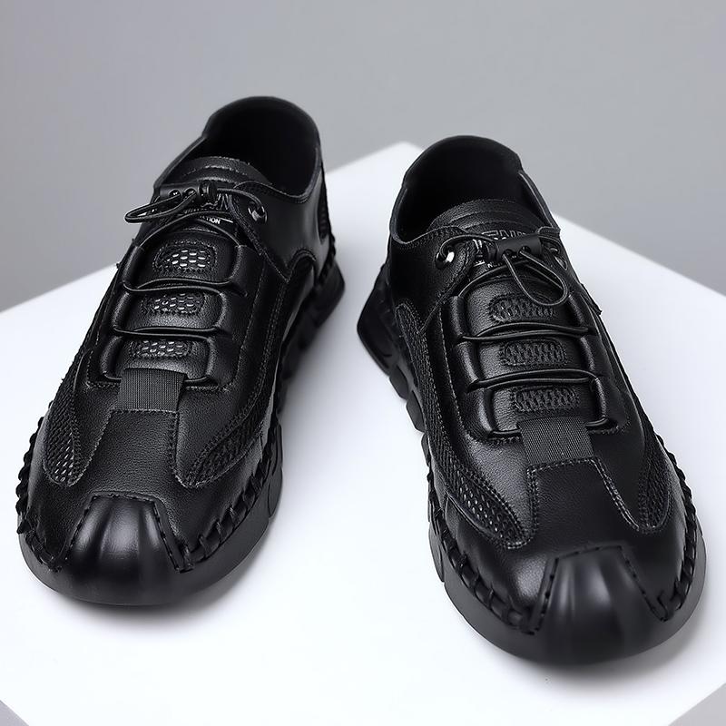High Top Shoes Men's Thick Soled Casual Shoes Breathable Hollow Mesh Shoes Handmade Soft Soled Men's Genuine Leather Shoes