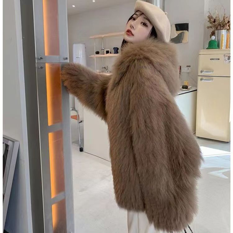 New Imitation Fox Hair Woven Hooded Bat Sleeve Long Sleeve Slim Imitation Fur Fur Coat Women