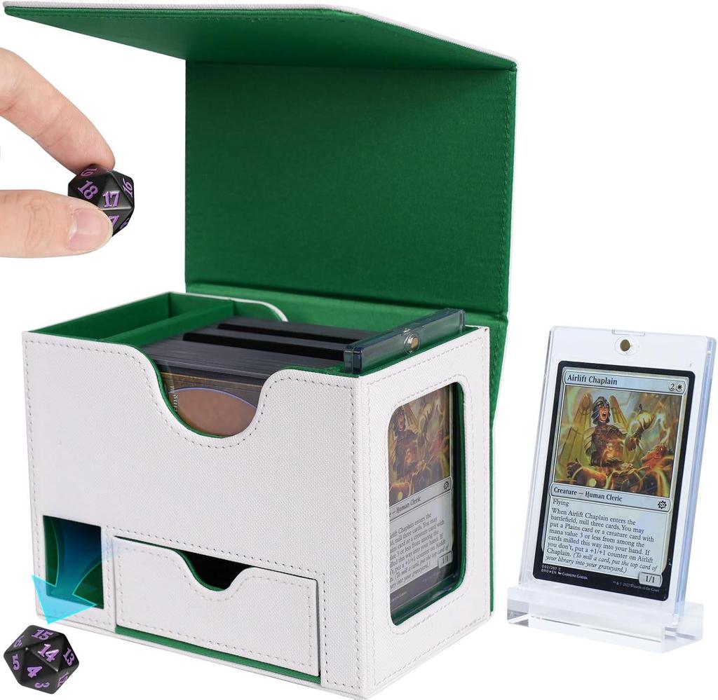PU Leather Dice & Card Storage Box for 120+ Sleeved Cards, Dice, and Tokens - Compatible with Yu-Gi-Oh! & Magic: The Gathering, with Windowed Display.