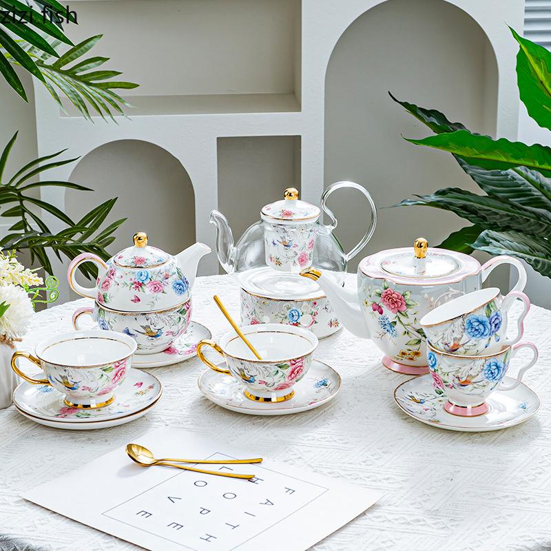 Flower and Bird Ceramic Teapot Kettle Coffee Pots Flower Tea Pot Heating Base Water Bottle Mother Child Pot Afternoon Tea Pots