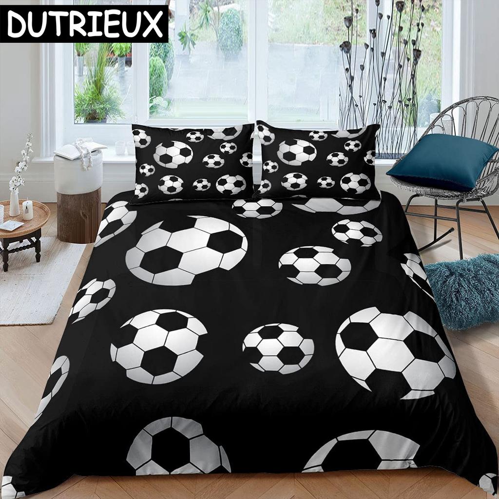 Soccer Duvet Cover Set King Queen Full Size Football Pattern Polyester Comforter Cover For Boys Teens Soccer Lover Bedding Set