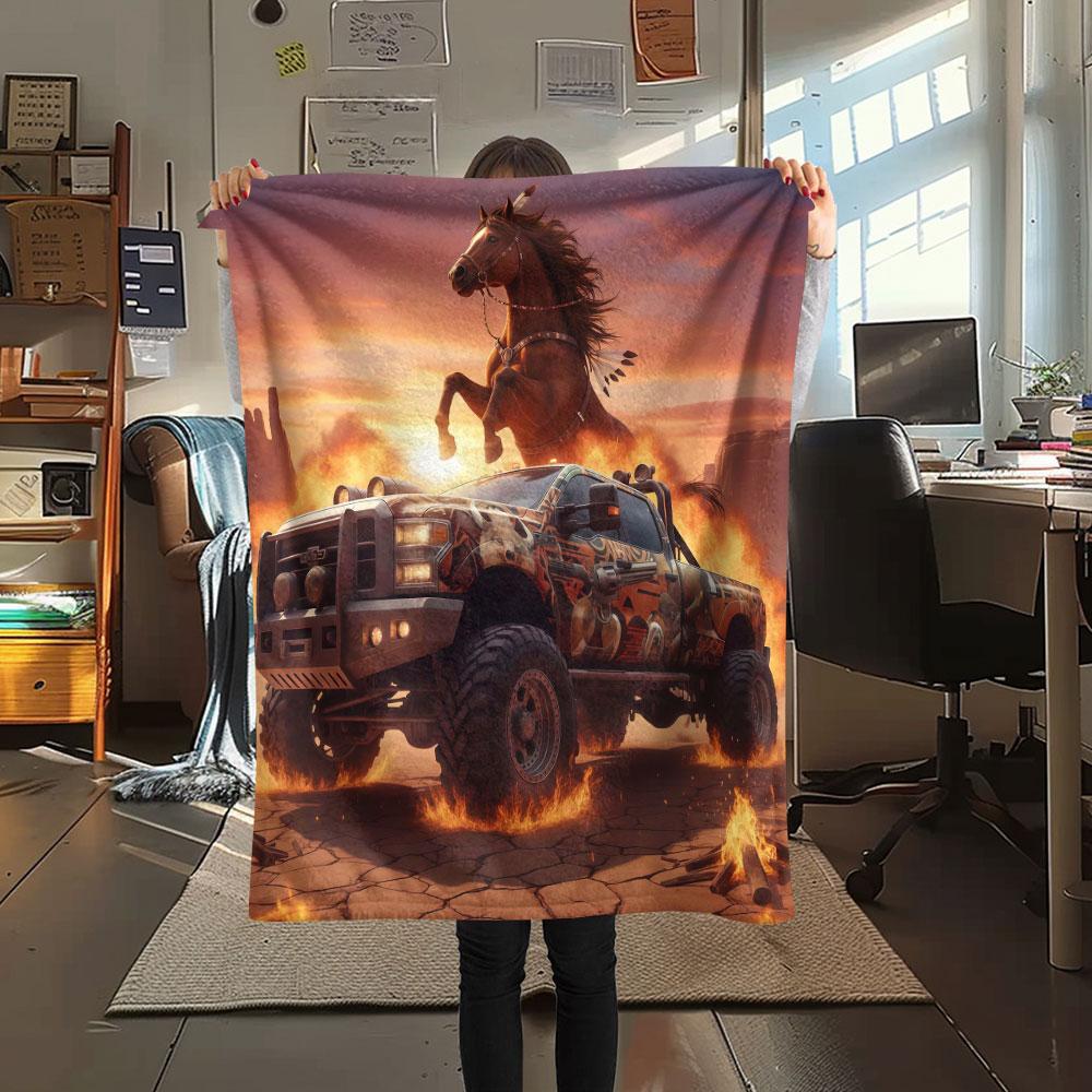1Pc Cool Pickup Truck Print Flannel Blanket, High Quality Comfortable for All Seasons, Home Decor, Warmth and Comfort, Perfect for Christmas Gifts