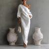 YYFS Women's Fashion Summer Spring Solid Color Print 3/4 Sleeves Oblique Collar Loose Waistline Casual Dresses