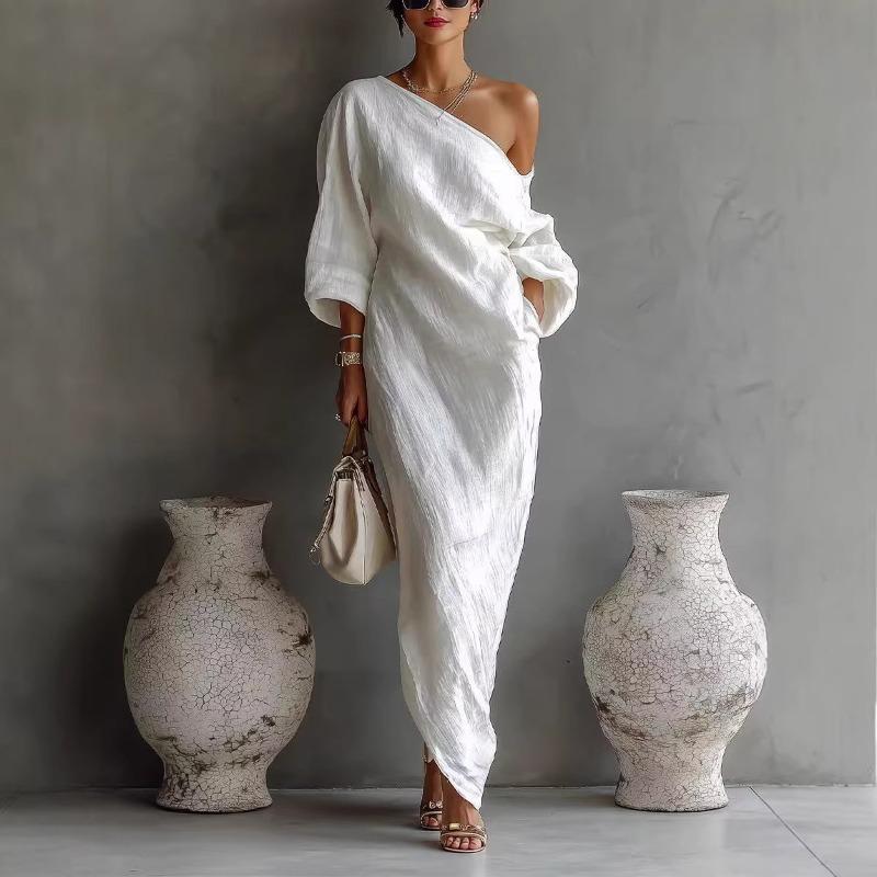 YYFS Women's Fashion Summer Spring Solid Color Print 3/4 Sleeves Oblique Collar Loose Waistline Casual Dresses