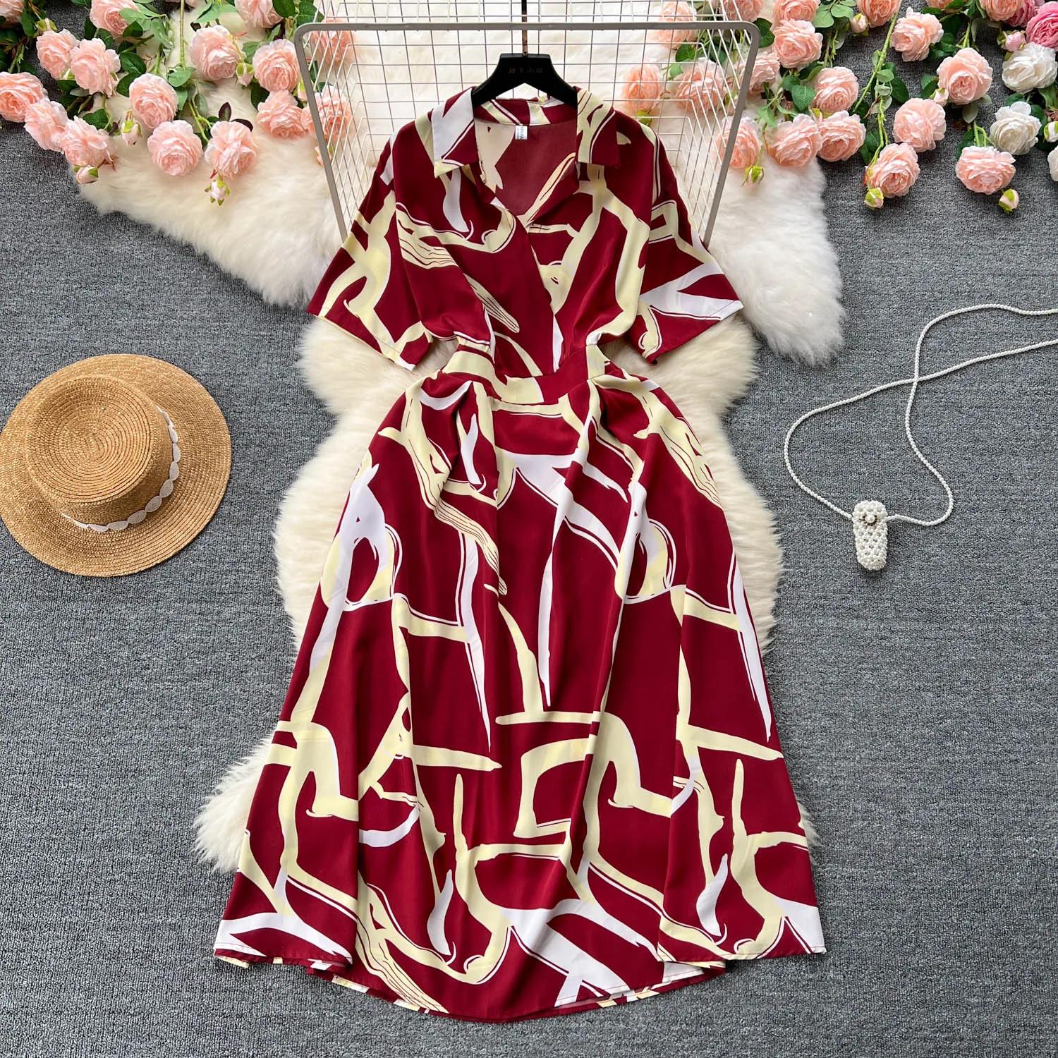 

Elegant Geometric Printing Dress For Women Summer New Fashion Turn Down Collar Shirt Elastic Waist Large Swing Dresses Robe One Size кларет
