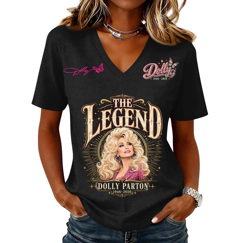 Women's Casual V-Neck Short Sleeve Letter Print Pullover Top