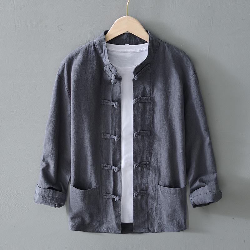 2025 Men's Chinese Style Cotton Linen Long Sleeve Tang Suit Hanfu Shirt, Plus Size Loungewear