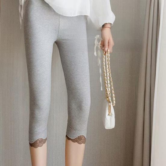Women Cropped Leggings Elastic Tight Fit High Waist Lace Splice