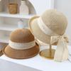 Women's Knitted Straw Fisherman Hat Bow Ribbon Wide Brim Sun Hat Breathable Uv Protection For Beach Wedding & Travel Foldable