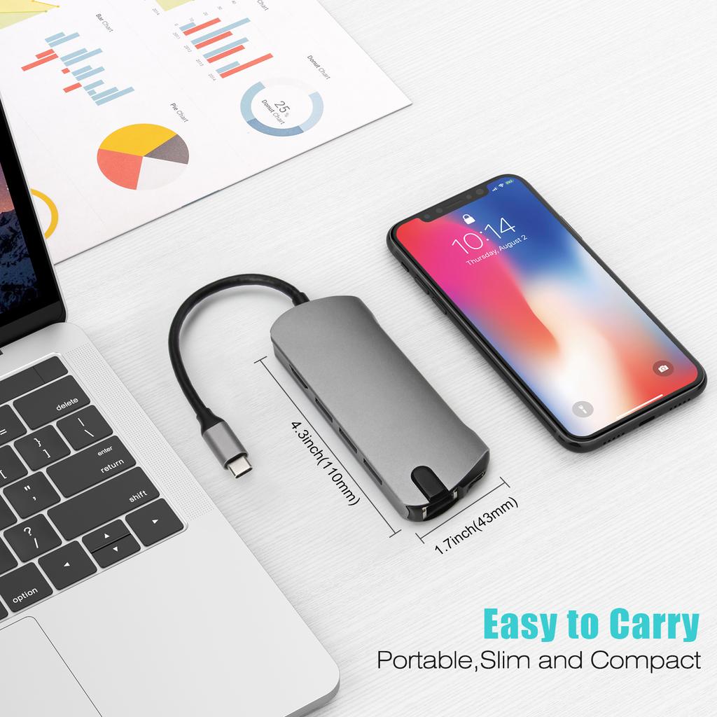 FX-1916 Type-C HUB 8 In 1 USB-C Adapter with 4K@30Hz HDMI/100W PD USB C Port/USB 3.0/RJ45 Ethernet/SD/TF Card Reader Docking Station