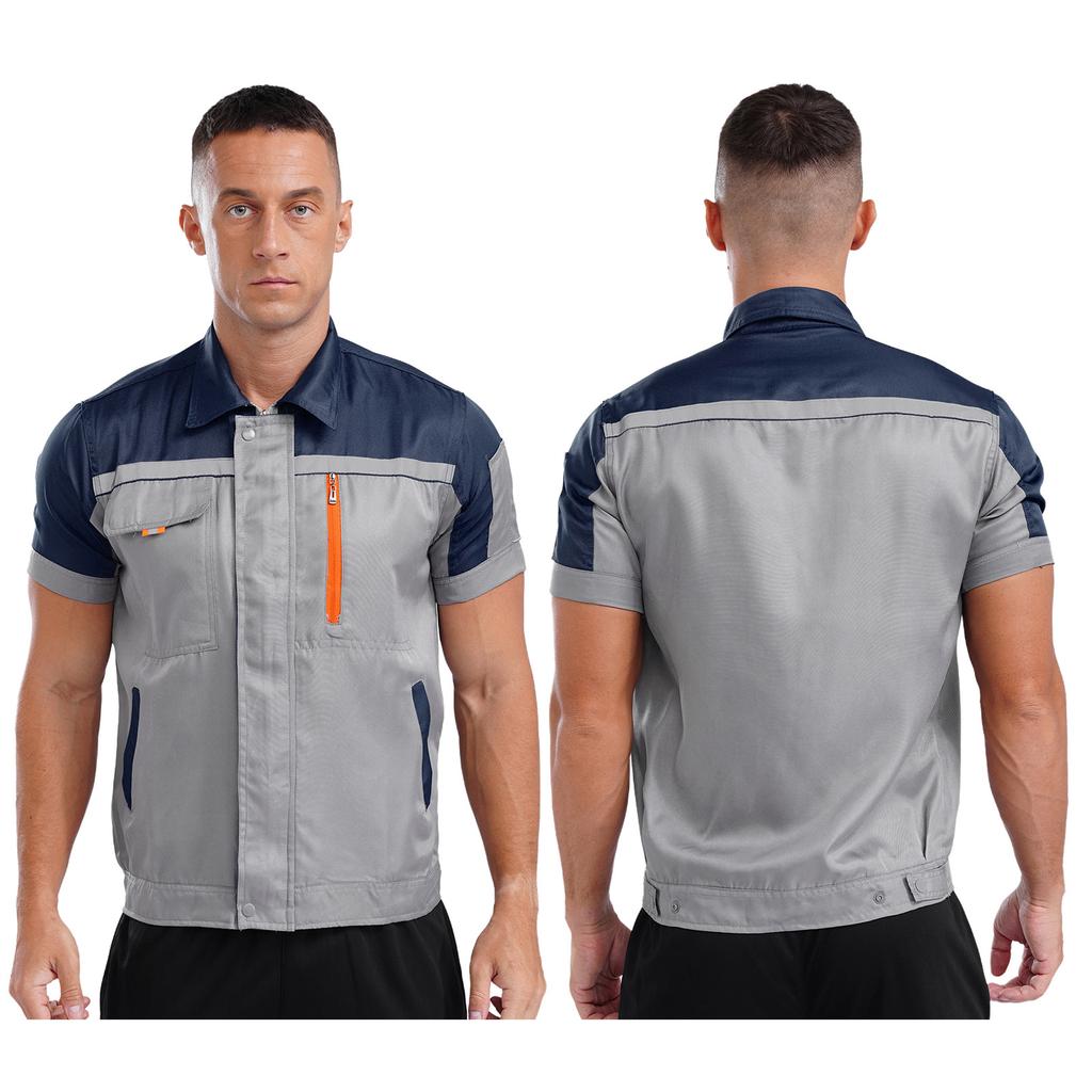 Camicia da Lavoro ad Alta Visibilità da Uomo Manica Corta con Strisce Riflettenti Giacca con Zip e Tasche M-3XL