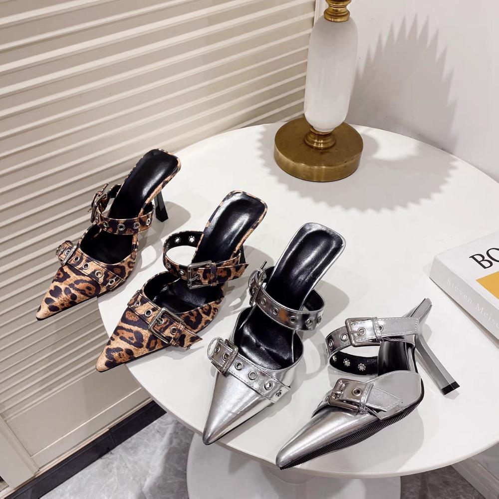 Punk Goth Metal Buckle High Heels Women's Sandals Summer 2026 Pointed Toe Silver Party Shoes Fashion Womens Pumps Shoes