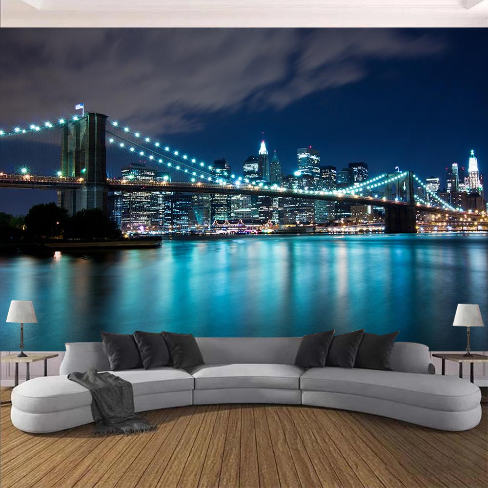 Beautiful City Night View Bridge Tapestry Bustling City Wall Hanging Tapestry Background Bedroom Home Living Room Decoration