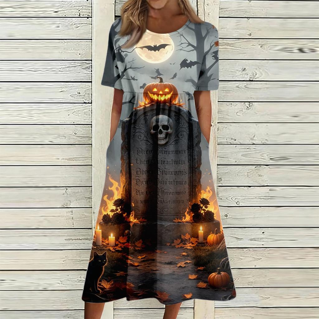 Damen Casual Halloween-Print Rundhalskleid mit Taschen