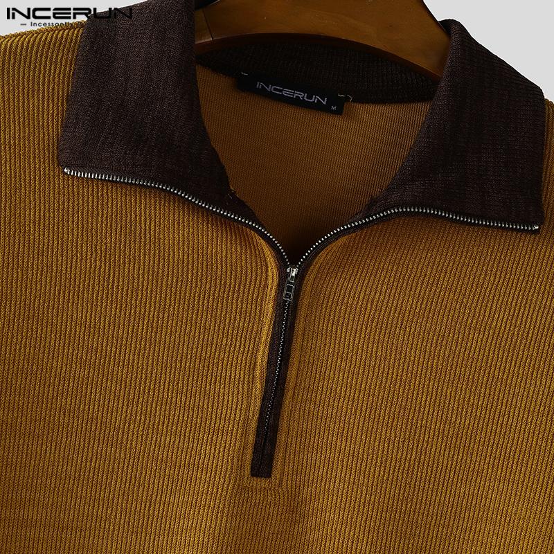 INCERUN Autumn Men Zip-up Lapel Long Sleeve Stitching Rib Knitted Pullovers Tops