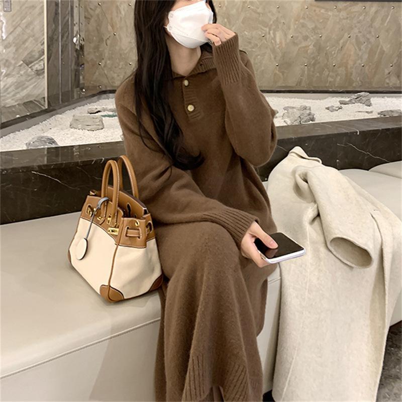 With coat loose knitted dress women's autumn new lazy style polo collar high-end bottoming shirt women