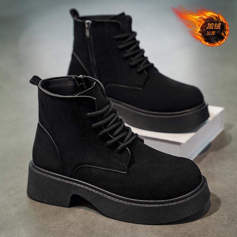 Men's shoes, new fleece warm cotton shoes, high-top leather shoes, British style platform soles, anti-slip heightened Martin boots