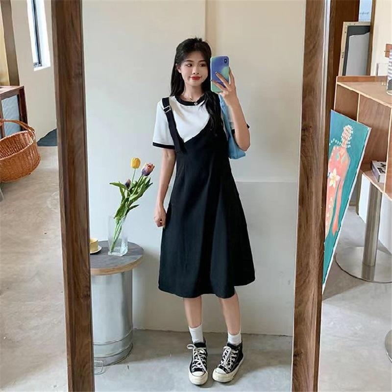 Women's Plus Size Fake Two-Piece Dress Black White Colorblock Casual Summer Short Sleeve A-Line Sundress