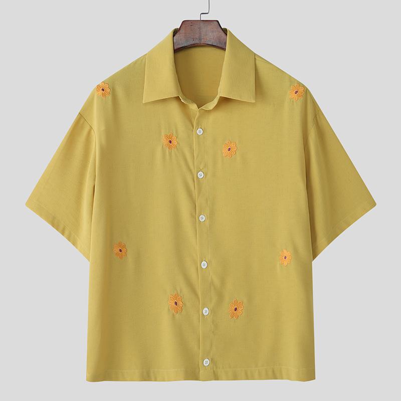 

INCERUN Men Summer Turn-down Collar Short Sleeve Floral Print Buttons Casual Shirts S жёлтый