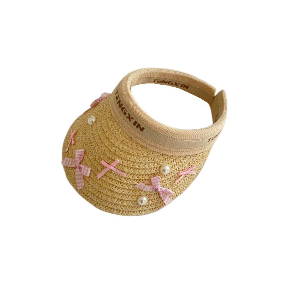 Bowknot Large Brim Sun Visor Cap Wide Brim Empty Top Baseball Cap Kids Summer Straw Hat  Beach