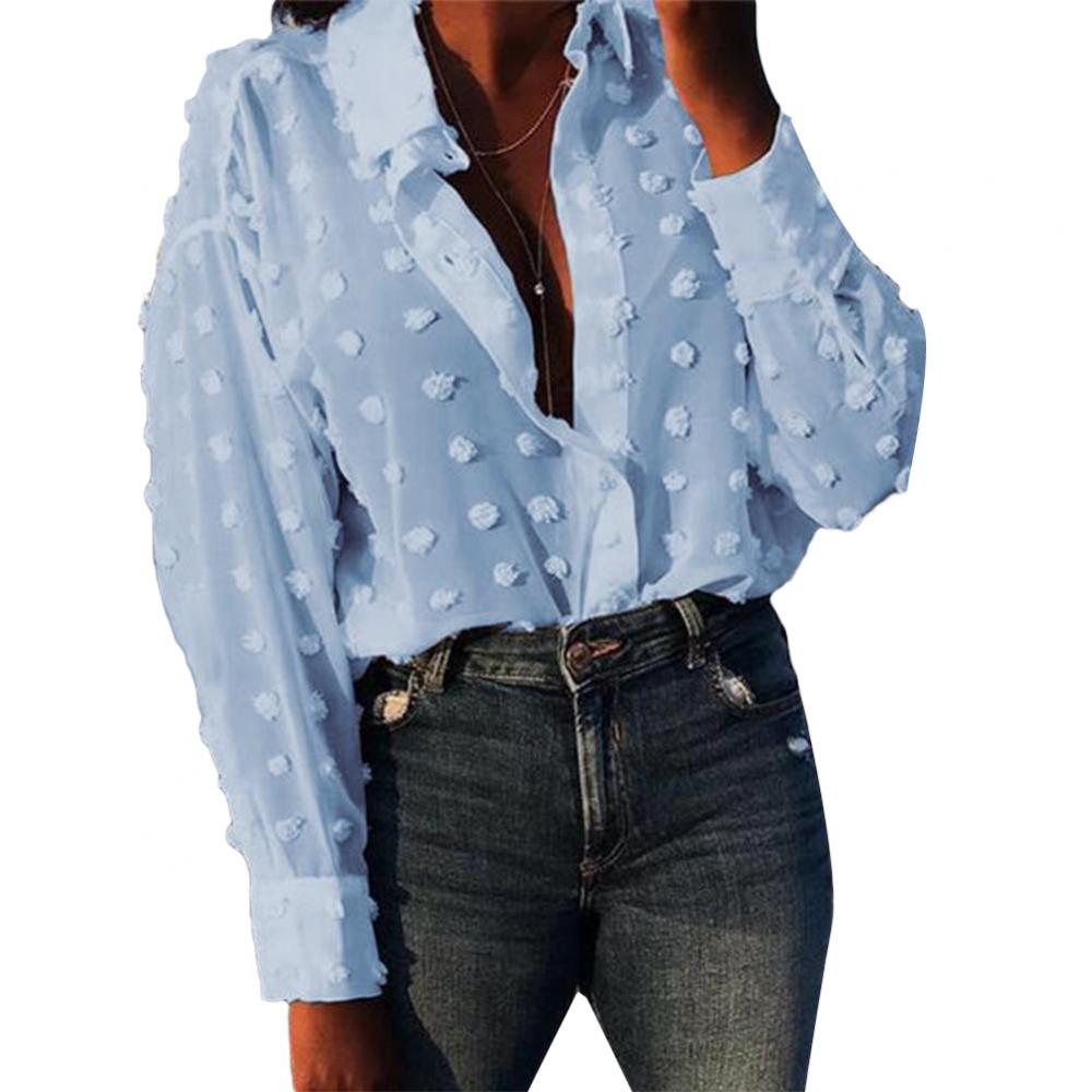 Women Solid Color Turn Down Collar Long Sleeve Polka Dot Buttons Blouse Shirt