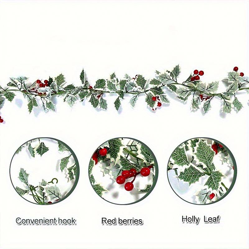 1PC Christmas Tree Vine Decorations Fireplace Wreath Gardens Artificial Holly Leaves Home Plastic Xmas Trees Red Berries Holiday