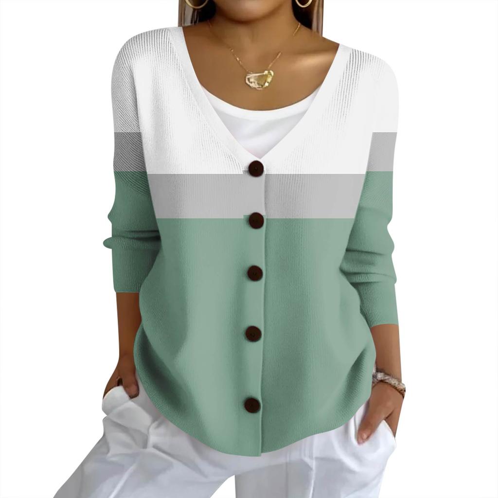 Women's Fashion Casual Knit Sweater Button-Up Plaid Patchwork Print Cardigan Jacket
