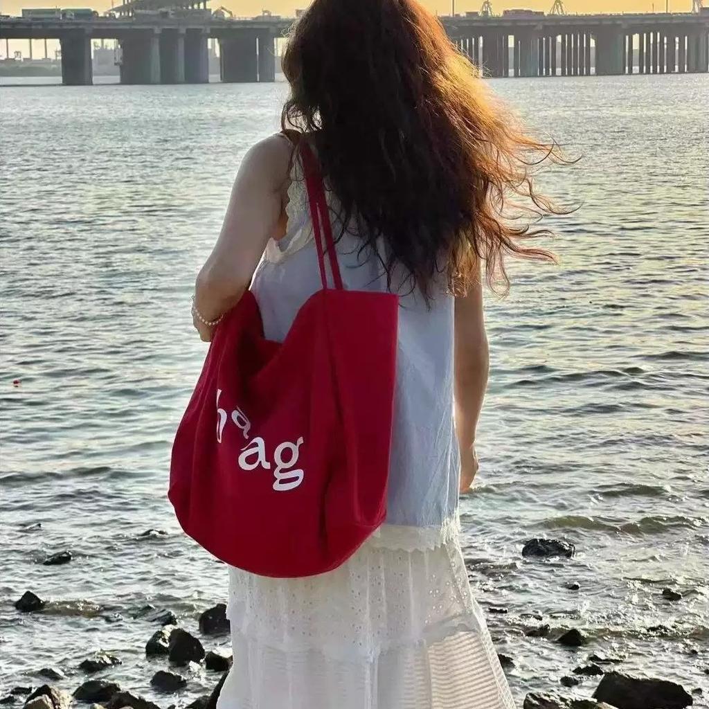 Korean Lazy Wind Large Capacity Red Letter Canvas Bag 2025 New Versatile Student Commuter Tote Bag for Class