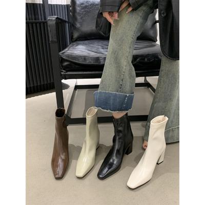 Square Head Skinny Thick Heel Brown Brown Small Short Boots Women's French Retro Commuter Sexy Martin Boots