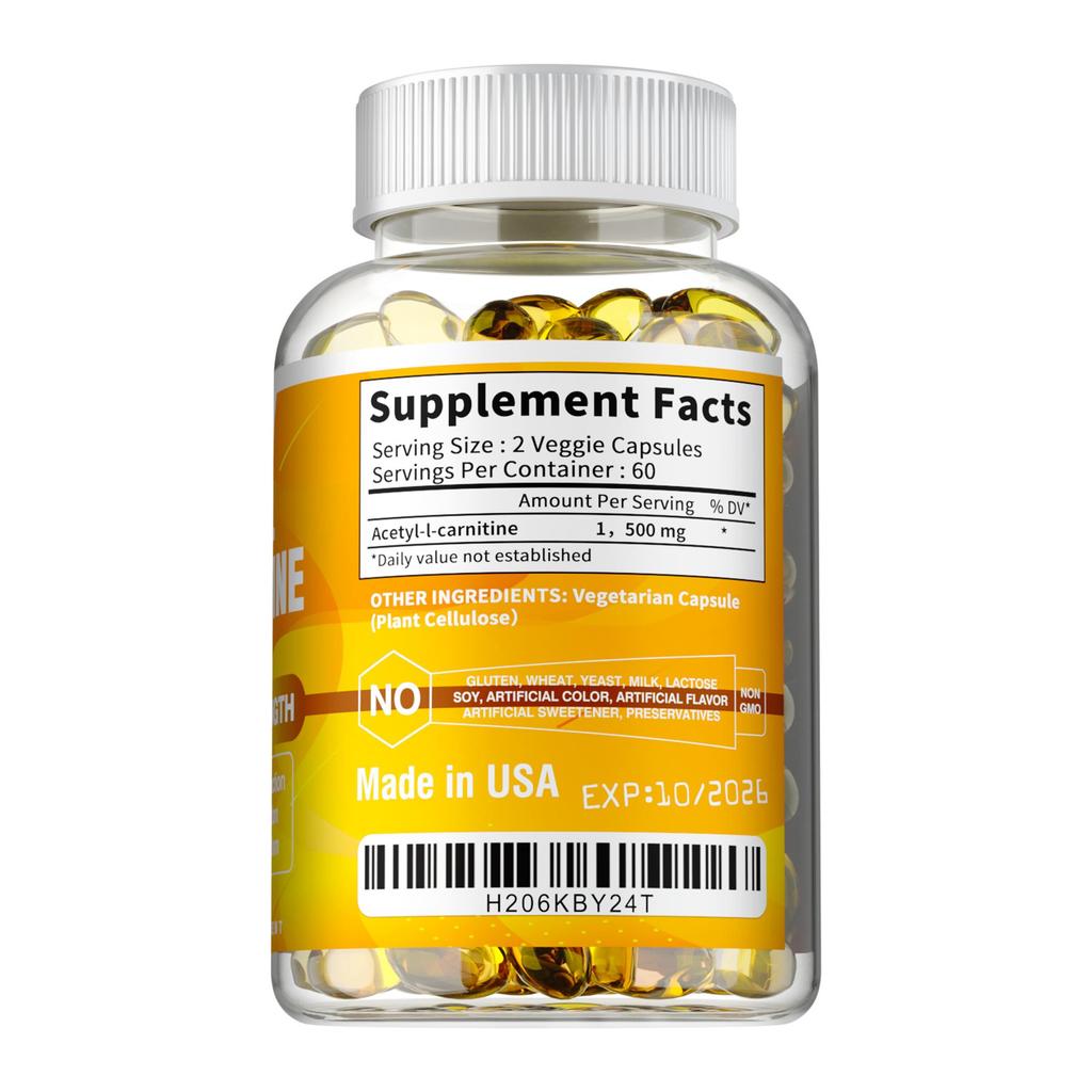 Acetyl-L-Carnitin-Kapseln unterstützen die natürliche Energie, liefern Nahrungsergänzung beim Sport, sind glutenfrei, vegan und für Erwachsene geeignet.