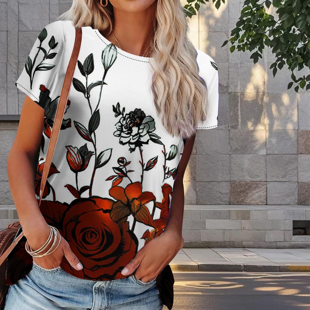 Damska letnia koszulka z nadrukiem kwiatowym, retro, modna, z krótkim rękawem, swobodne, nadrukowane topy