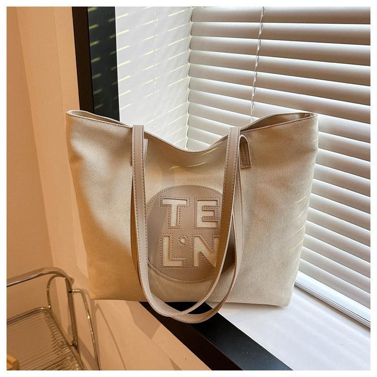 Trendy Casual Commuter Canvas Tote Bag With Car Line Details Horizontal Khaki