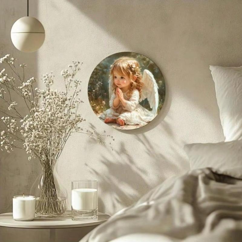 Metal Wall Art Aluminum Decor, Angel Theme Round Floral Sign, Home Living Room Cafe Decor