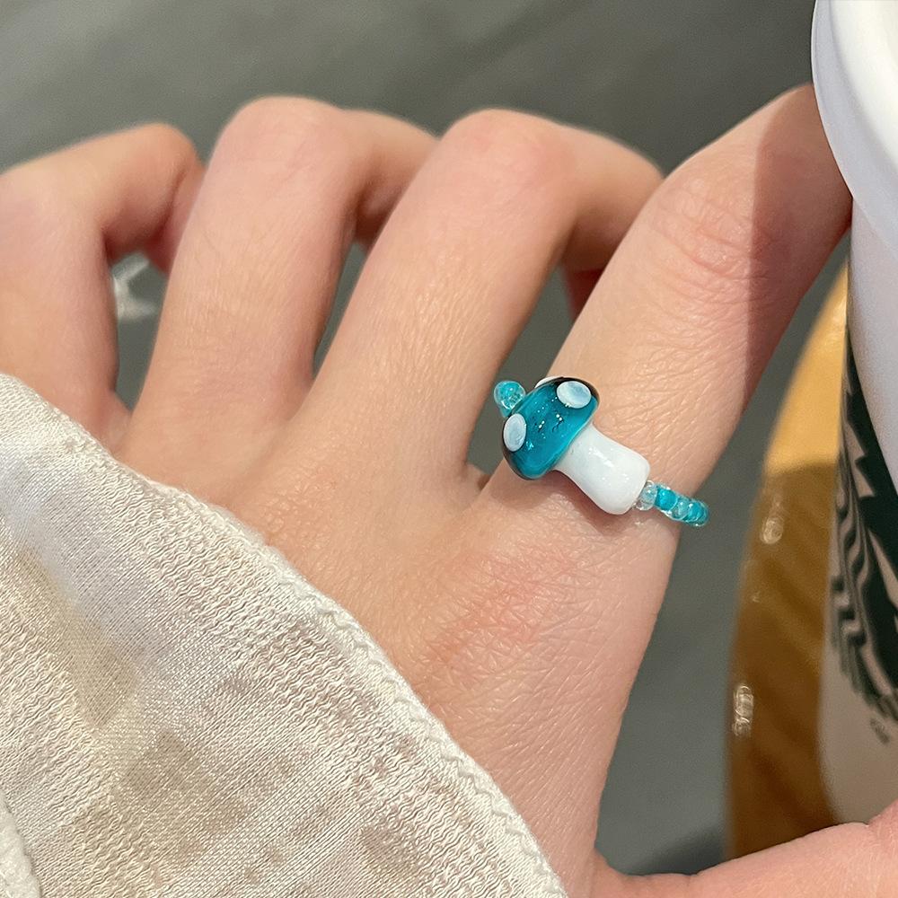 Colorful Mushroom Bead Ring New Elastic Rope Design Cute Playful Women Dopamine Finger Ring Trendy Contrast Color Party Jewelry