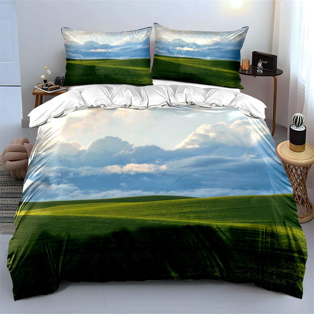 Green Hills With Blue Sky And Clouds Bedding Set For Kids Luxury Gift 3Pcs Digital Print Comforter Set Soft Comfortable