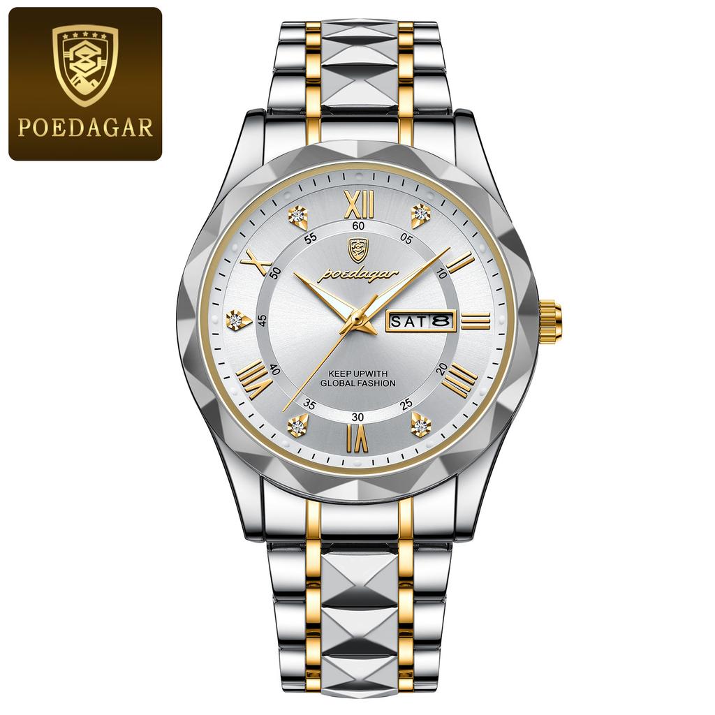 POEDAGAR Top Luxusmarke Herrenuhren Wasserdicht Leuchtend Kalender Wochentag Uhr für Mann Edelstahl Lässige Quarz Uhr