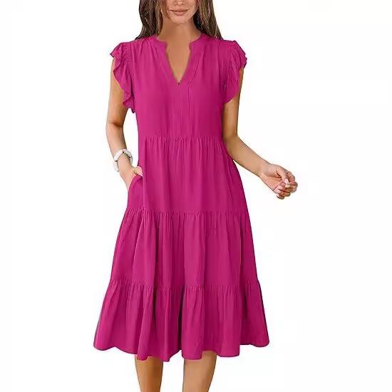 Women's V-neck, Ruffled Sleeve, Mid-length, Patchwork, Wide Skirt, Pocket Dress
