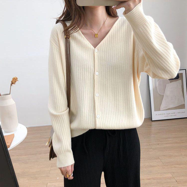 Korean Style V-Neck Ribbed Knit Cardigan for Women - Soft, Slimming, Versatile, Loose Fit, Long Sleeve, 2026 Spring Collection.