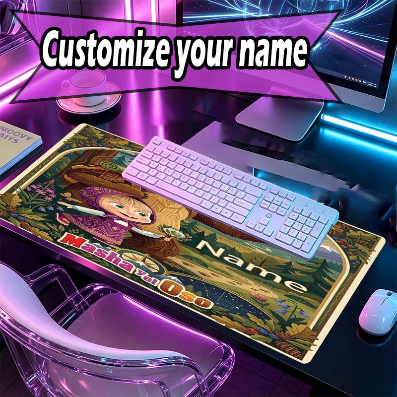 Custom Name Personalized Masha and the Bear Pattern Mousepad, Laptop PC Desk Mat, Decorative Desk Mat for Home Keyboard Pad Gift