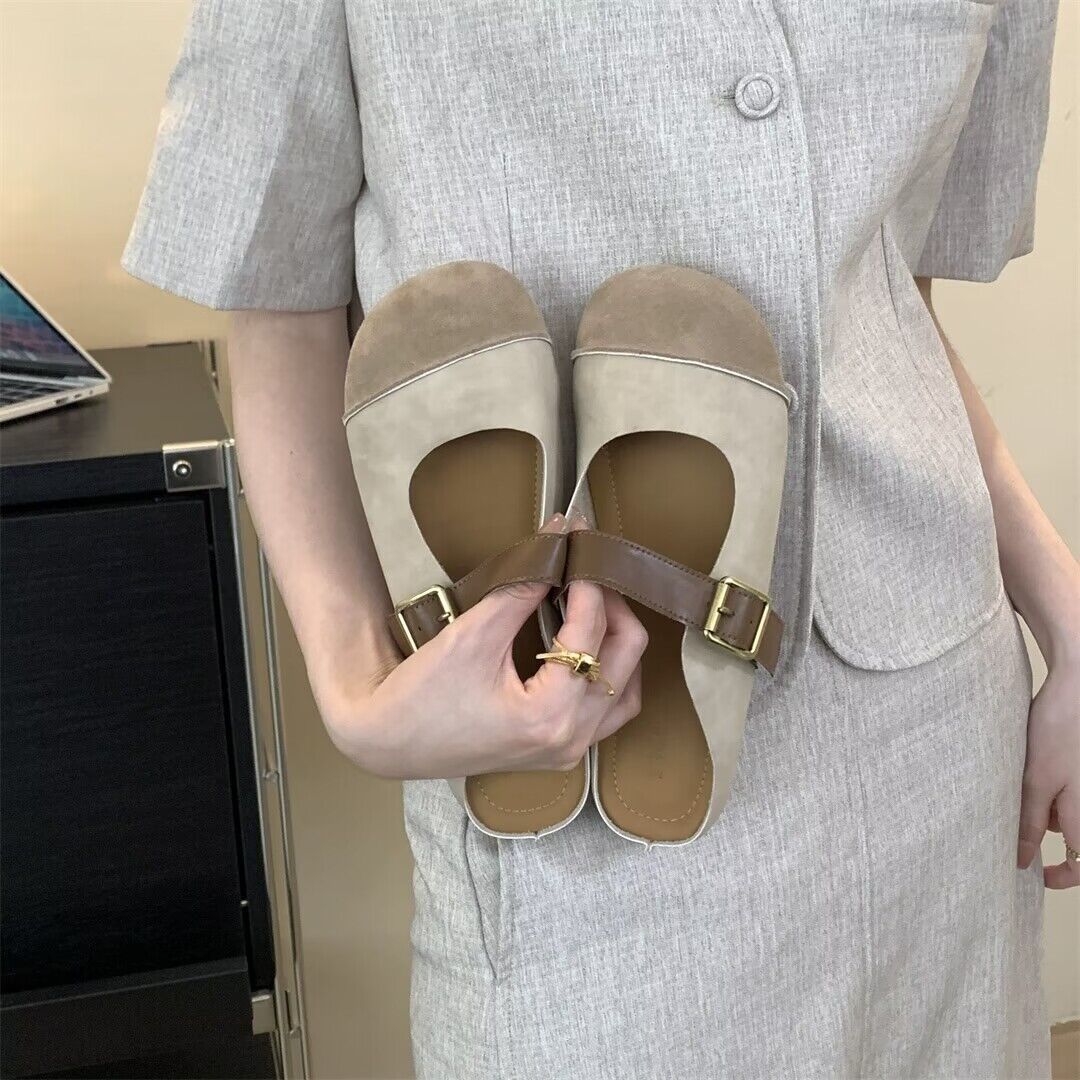 

Wearing Mary Jane cool slippers retro women s bag head flat shoes lazy lady pedal summer new half drag 35 абрикосовый