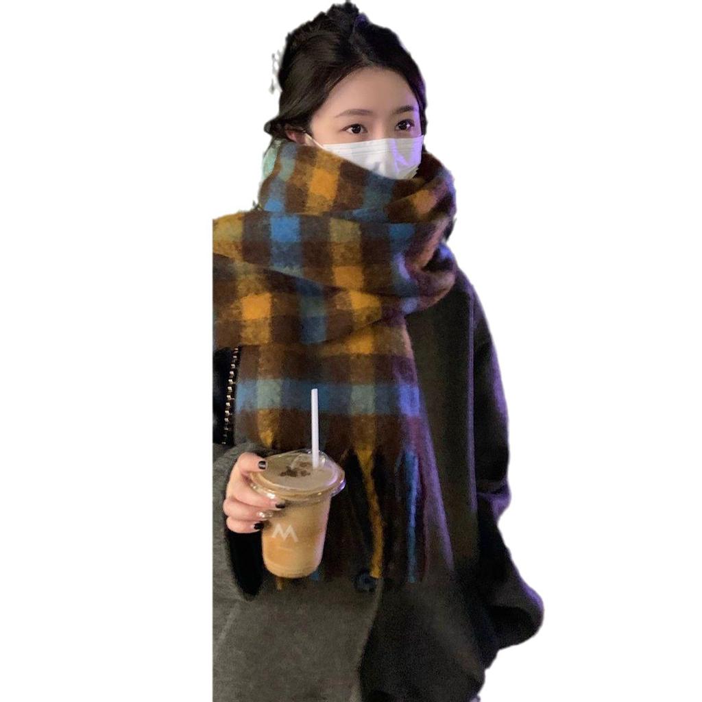 Korean Mohair Checkered Scarf Thickened and Warm for Women in Winter Long Faux Cashmere Scarf  Student Knitted