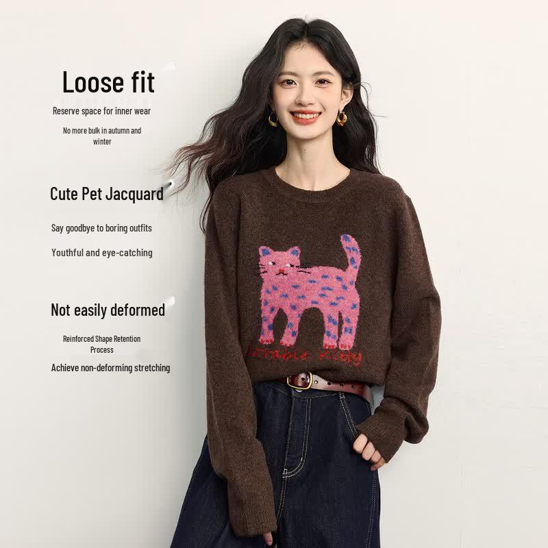 Sllsky Women s Cute Cat Jacquard Knit Sweater XL