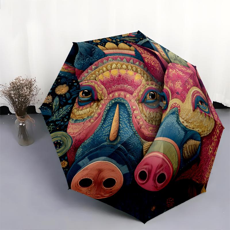 Motivo a maialino, ombrello pieghevole automatico, design portatile e pieghevole, 8 stecche, un regalo di Natale o di compleanno.