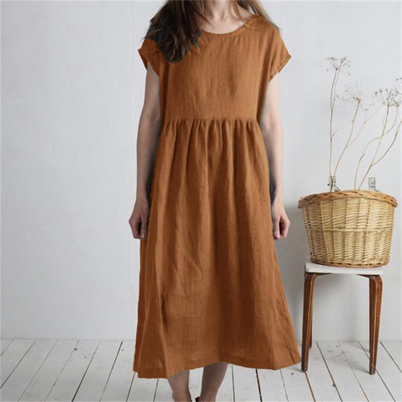 Women's Mid-Length Cotton Linen Dress - Round Neck, Short Sleeve, Solid Color, Pleated, Loose-Fit Casual Design